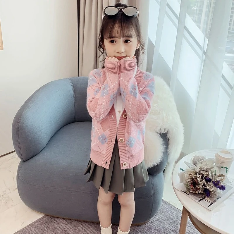 Autumn Winter Kids Baby Girls Full Sleeve Single-breated Top Outwear Toddler Children Knitting Clothes Flocking Sweater 2 10 12T