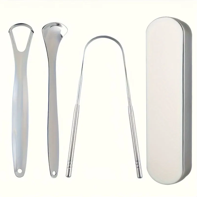 Stainless Steel Tongue Scraper Three Piece Set Portable with Storage Tongue Coating Cleaner Suitable Men and Women Adult Oral
