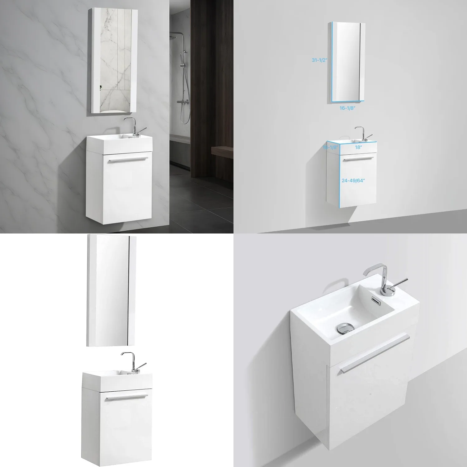 

18" Wall Mount Vanity Cabinet with Mirror, Solid Wood Bathroom Sink, Space Saving, White Acrylic Top, Customized