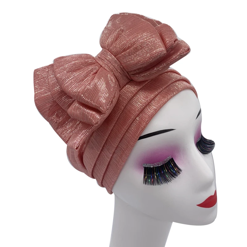 Shinning Multi-schicht Bowknot Turban Kappe für Frau Mode Afrikanische Headtie Nigeria Hochzeit Turbane Hut Muslim Headwrap Motorhaube – Detail 21