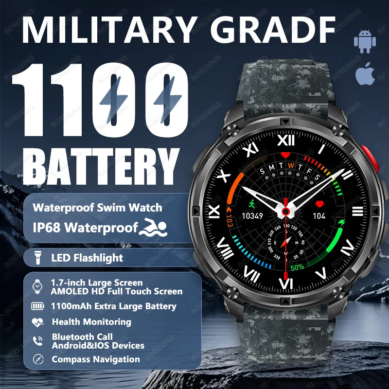 

Смарт-часы T-Rex3 Ultra Military с аккумулятором 1100 мАч, высококачественные, водонепроницаемые IP68, с GPS, измерением пульса, Bluetooth-вызовами, для мужчин, спортивные смарт-часы