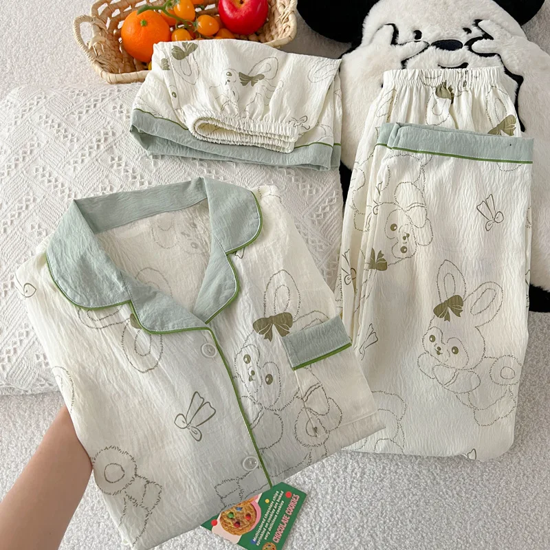 Conjunto de pijama de algodón con nube de conejito de dibujos animados para mujer, dulce manga corta, 3 piezas