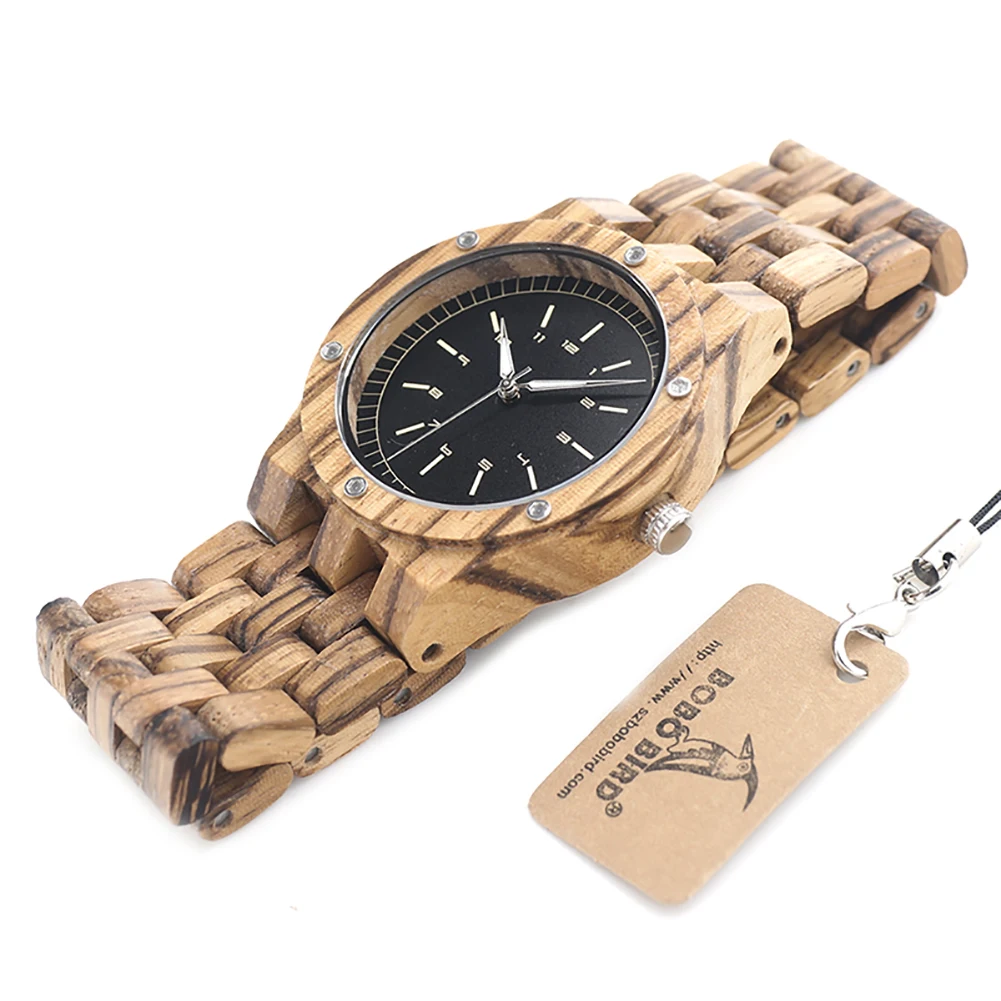 Clearance ผู้ชายนาฬิกาไม้ที่กําหนดเองชื่อโลโก้ผู้ชายนาฬิกาข้อมือควอตซ์ ZEBRA สายไม้ปรับแต่งแฟชั่นนาฬิกาของขวัญ