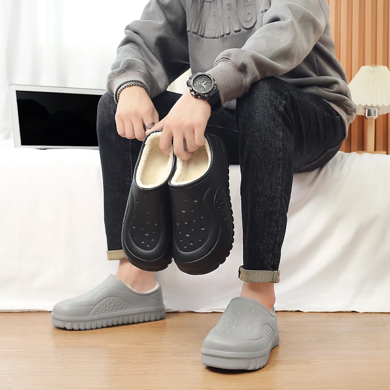 Мужские зимние тапочки на закрытом каблуке — утолщенная теплая флисовая подкладка, морозостойкая домашняя нескользящая домашняя обувь с закрытым носком