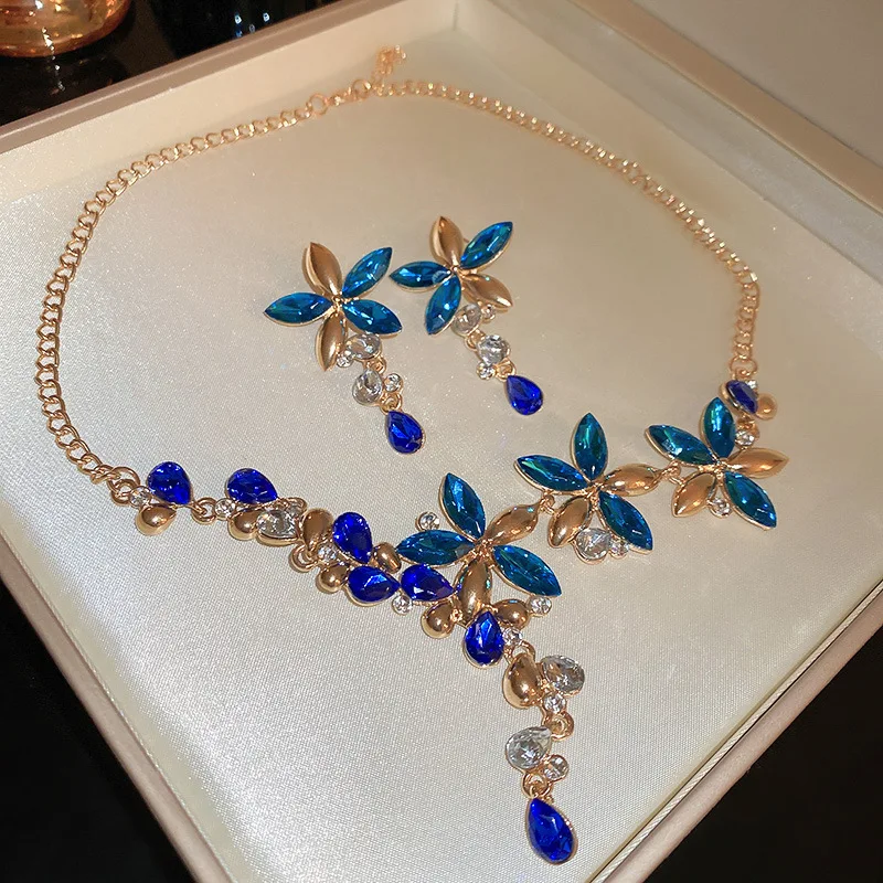 Inlaid Rhinestone Flower Tassel Earrings Necklace Two-piece Set Elegant Collarbone Chain Mesh New Dainty Blue Accessories