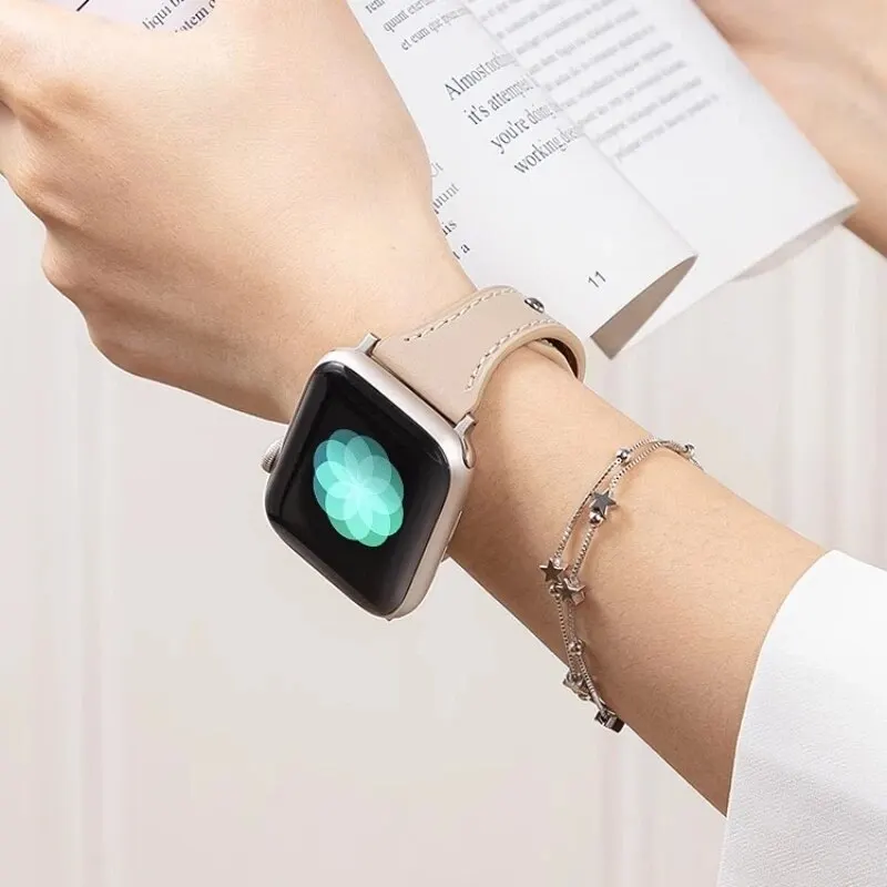 Slim Real Leather Band For Apple Watch 9 8 7 41/45mm Correa Girl Strap 40mm 44mm 38/42mm 49 Bracelet For IWatch Series SE 6 5 4