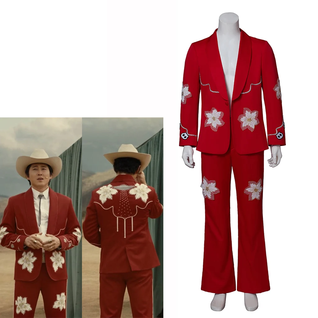 

Movie NOPE Cosplay Ricky Jupe Park Costume Steven Yeun Red Suit Jacket Pants Jupe Carnival Halloween Party Roleplay Outfits