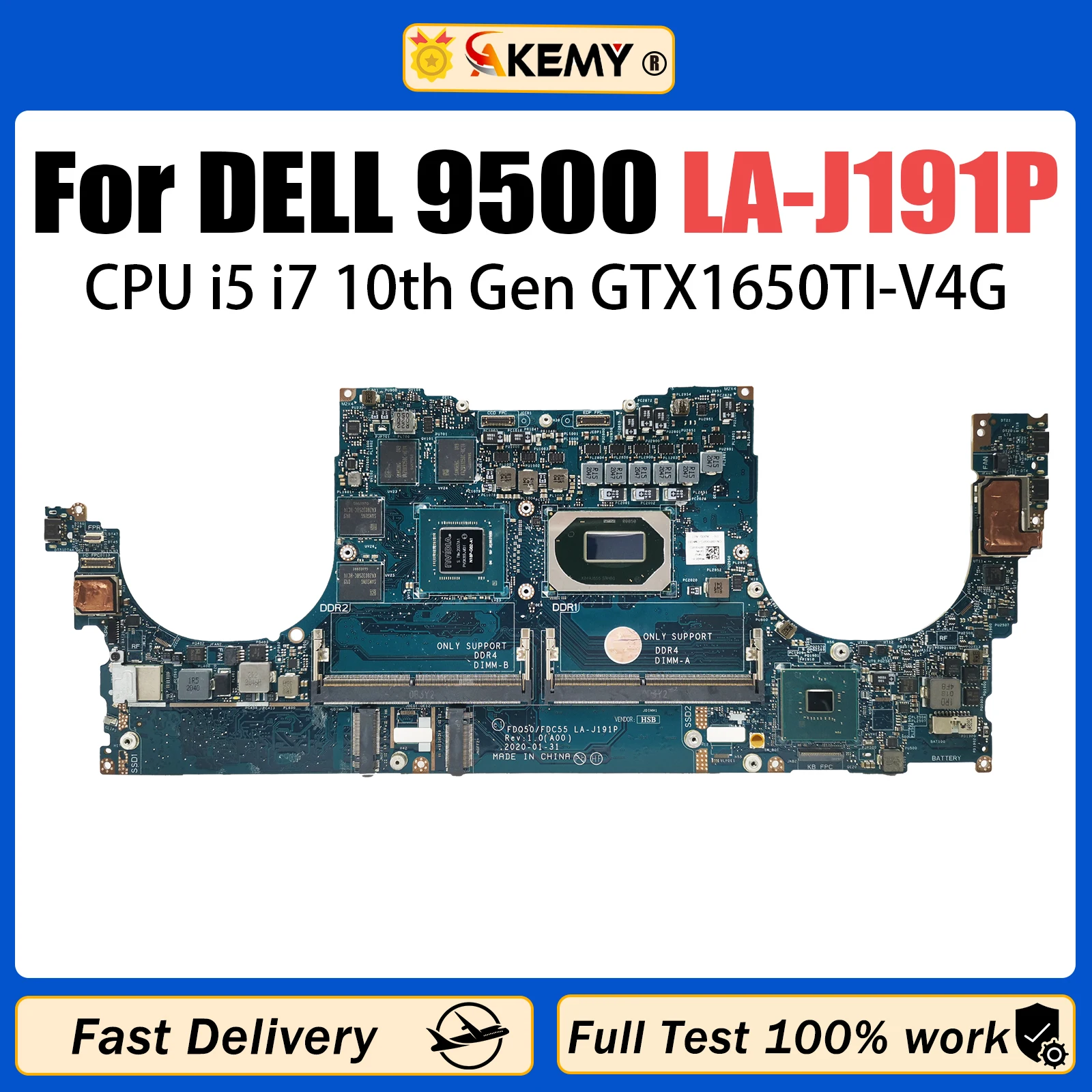 Laptop Motherboard LA-J191P For DELL 9500 CN-0PC4XF CN-0RHXRG CN-0FX5RH CN-0T1KFX CN-0477DC With I5 I7 CPU GTX1650TI T2000