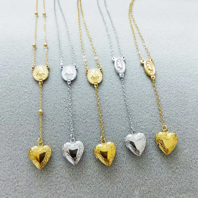 1pc DIY Polished Three Hole Double Sided Jesus Pendant With Openable Heart Locket Necklace Women Girls Family Memorial Jewelry
