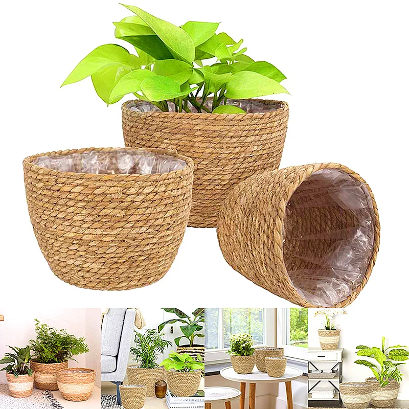 Rattan Woven Flowerpot Potted Handmade Flower Plant Container Garden Grass Planter Straw Basket Home Balcony Storage Decorative