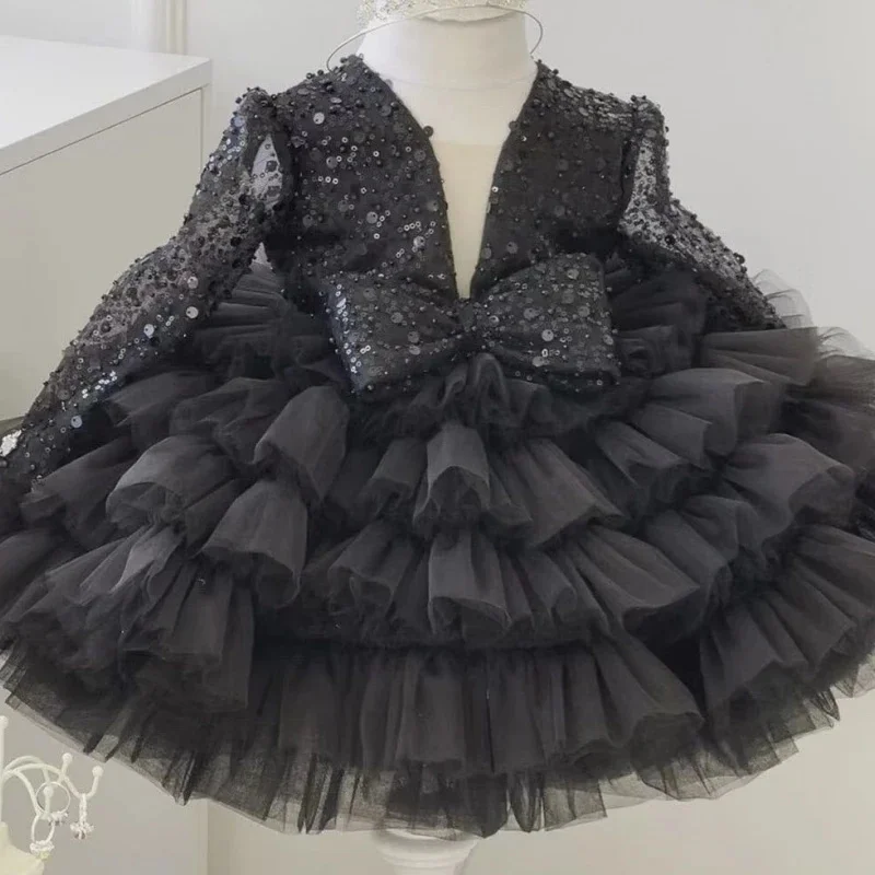 Robes de demoiselle d'honneur noires pour mariage, paillettes avec nœud, fleur 3D, couches gonflées, fête d'anniversaire pour enfants, robe de Rhde première communion