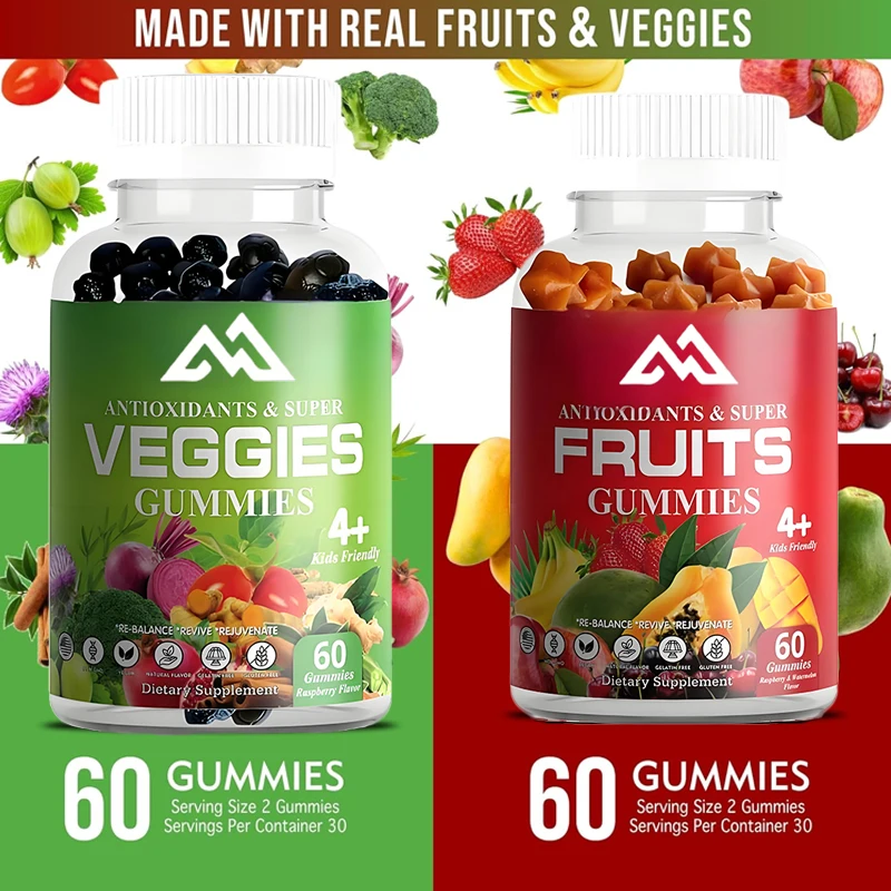 60 pieces of fruit and vegetable gummies for women and men. Vegetable vitamin supplements are suitable for daily health