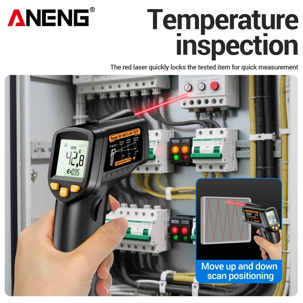 ANENG TH109 온도계 IR 적외선 레이저 산업용 온도 측정 테스터 비접촉 온도계 고온계 미터 도구