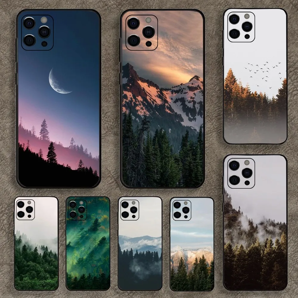 Forest Trees Mountain  Phone Case For Apple iPhone 15,14,13,12,11,Pro,X,XS,Max,XR,Plus,Mini Soft Black Cover