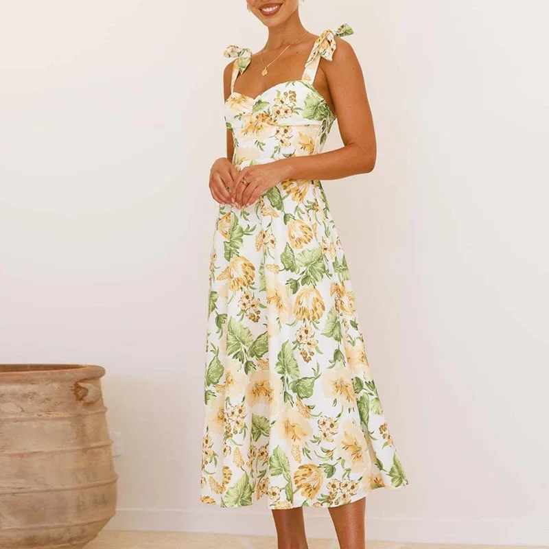 เดรสยาวพิมพ์ลายดอกไม้แฟชั่น เอวสูง สไตล์ลำลองสำหรับผู้หญิง เปิดไหล่ จับจีบ เหมาะสำหรับใส่ไปเที่ยวทะเล เซ็กซี่ แขนกุด สายเดี่ยว สำหรับวันหยุด