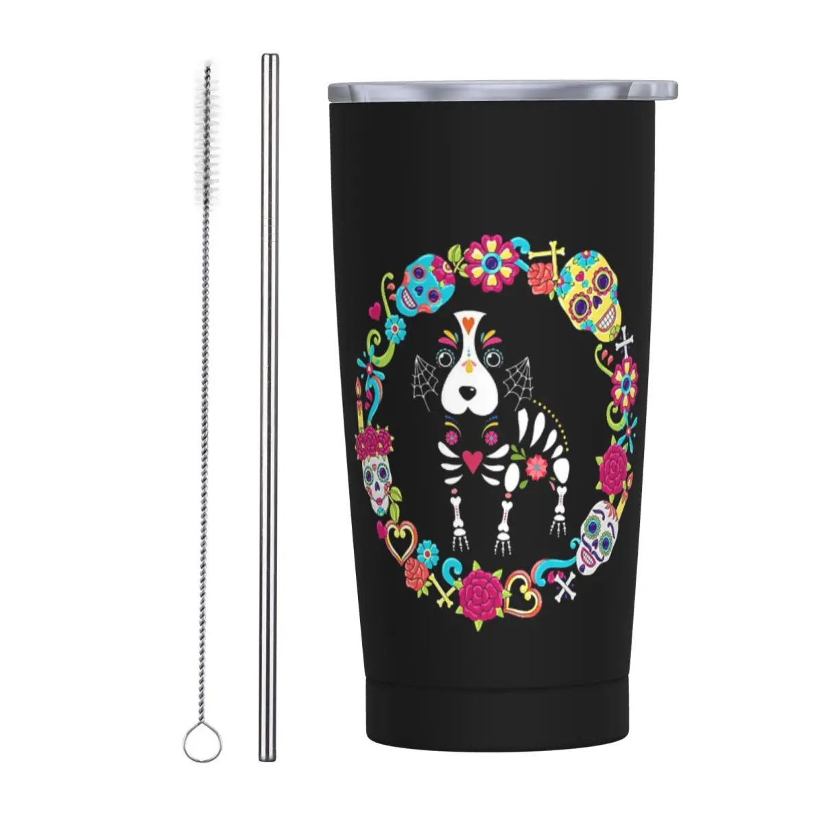Dog Dias De Los Muertos Day Of The Dead Stainless Steel Tumbler Vacuum Insulated Mug Thermal Cold Bottle Straw With Lid 20oz