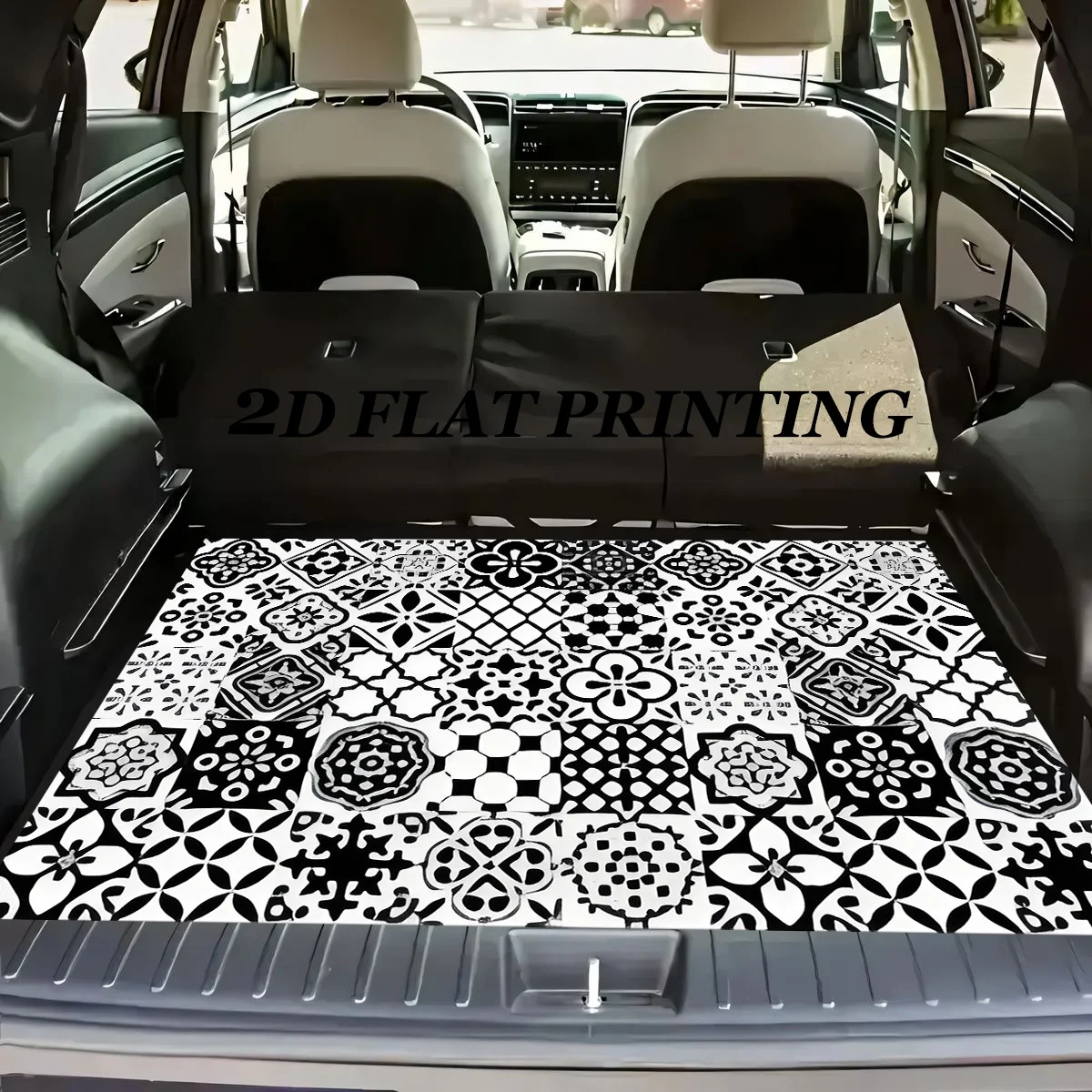 1pc Non-Slip Stylish Car Trunk Mat, Black And White Geometric Tile Vintage Pattern Design - Durable Material, Keeps Trunk Dry An