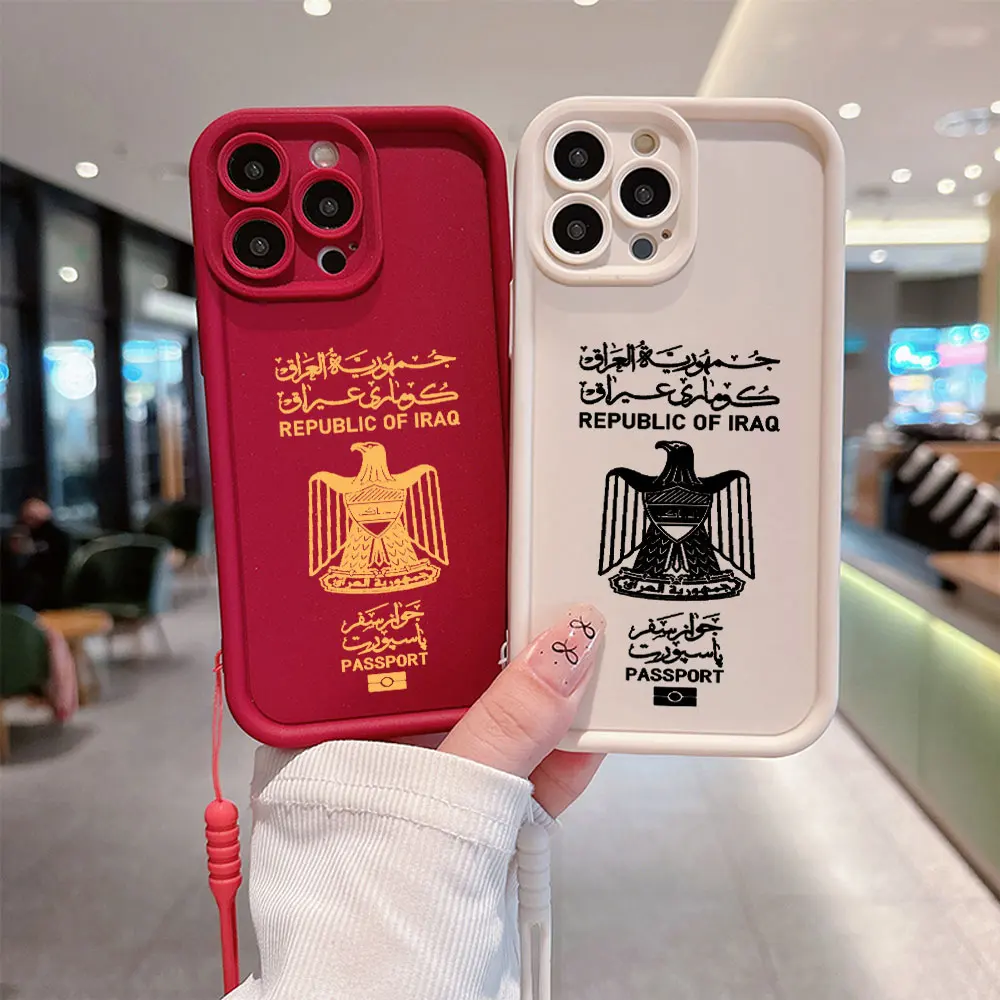 Iraq Passport Phone Case for IPhone 16 15 14 13 12 11 Pro Max Mini XR XS X 7 8 Plus Soft TPU Back Cover With Hand Strap