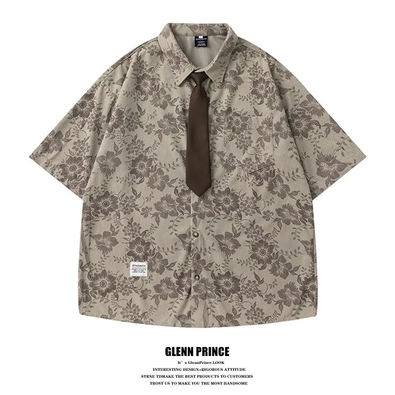 BEIANJI 2025 new men clothing American retro corduroy floral short-sleeved shirt men's summer loose couple tie shirt for mens