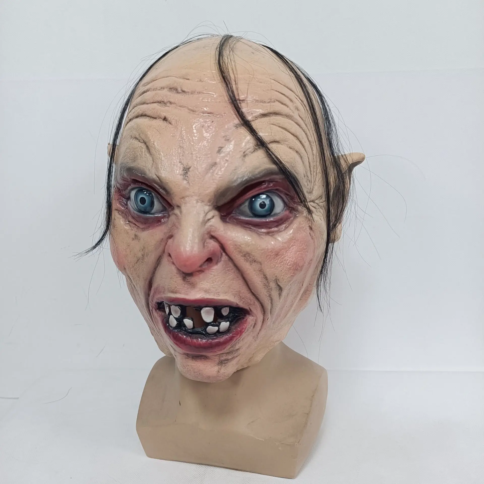 Gruselige Monster-Latexmaske mit Haaren und Spitzohren, Schreckliches Kreatur-Kopfteil für Halloween-Cosplay, Maskerade-Party-Kostüm-Requisiten – Detail 7