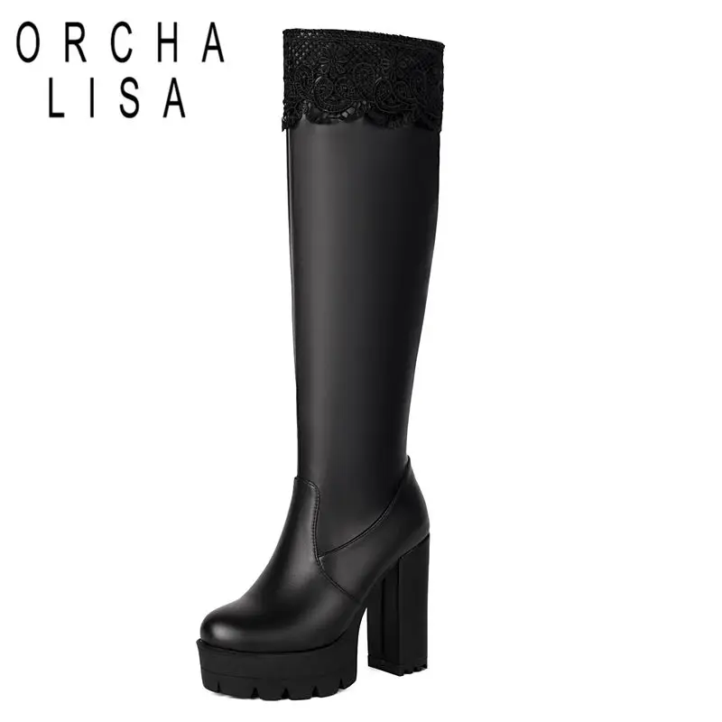 ORCHA LISA 2025 botas sexis hasta la rodilla para mujer, punta redonda, tacones gruesos, plataforma de 11,5 cm, cremallera de 3,5 cm de talla grande 48 49 50, botines de fiesta