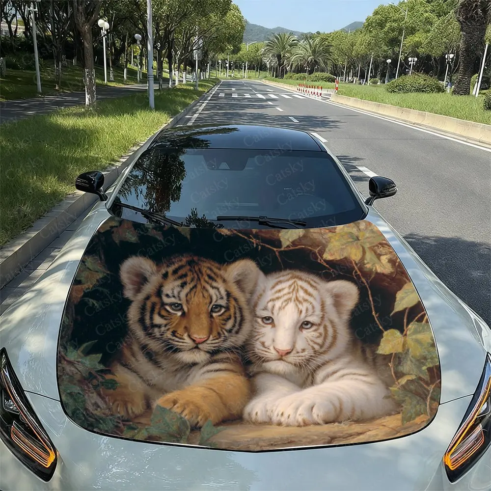 

Little Tigers Cuddling Up To Each Other Car Vinyl Wrap - Splash-Resistant Engine Hood Decal Sticker, Easy Removal Durable Person