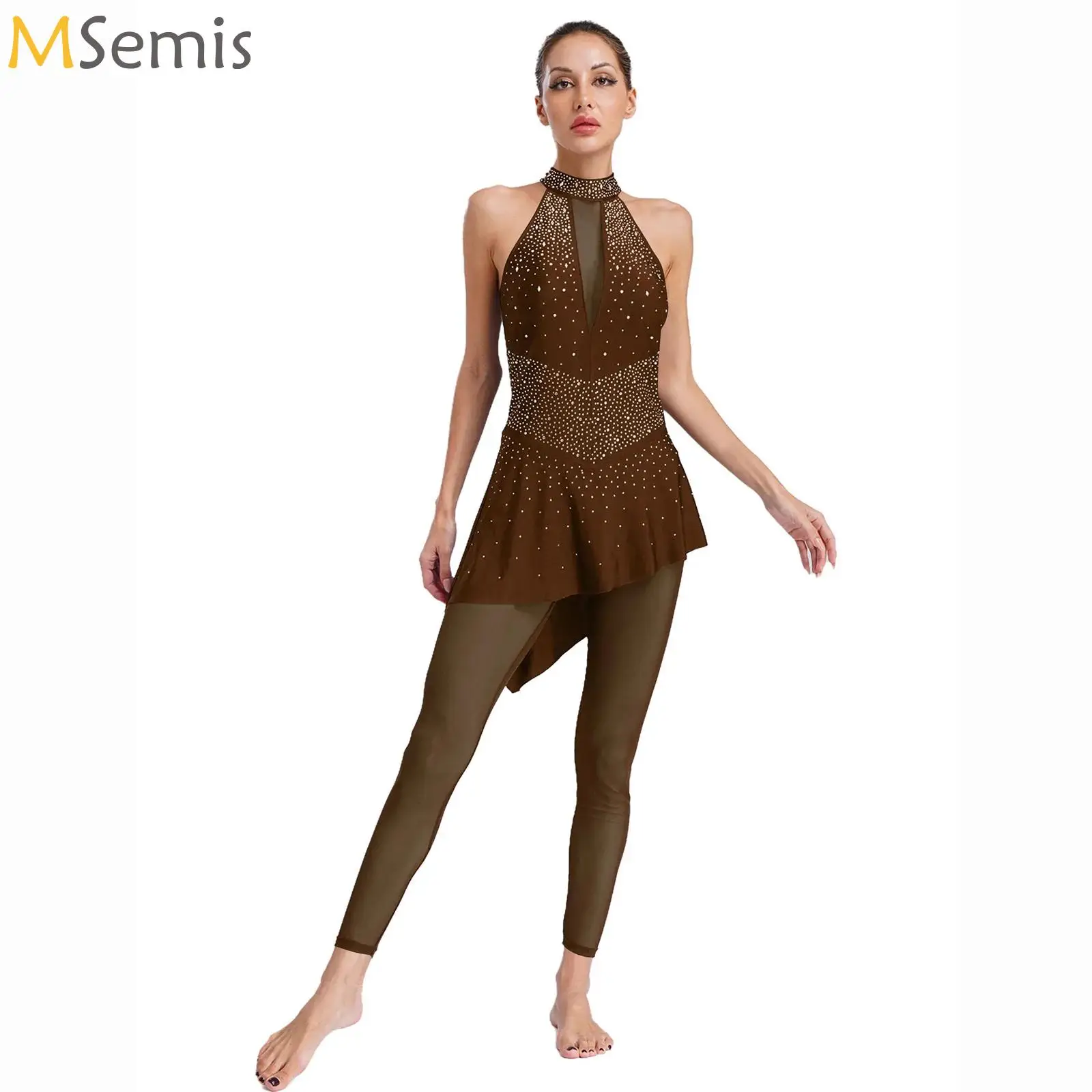 

Womens Adult Figure Skating Costume Rhythmic Gymnastics Jersey Ballet Dance Unitard Skirted Jumpsuit Shiny Acrobatics Dance Wear
