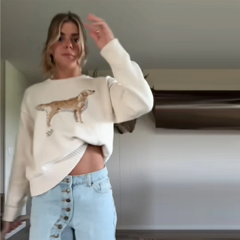 

Новый модный топ с рисунком золотой собаки, милый вязаный пуловер с длинными рукавами и круглым вырезом с принтом, осень 202, уличная уютная стильная верхняя одежда