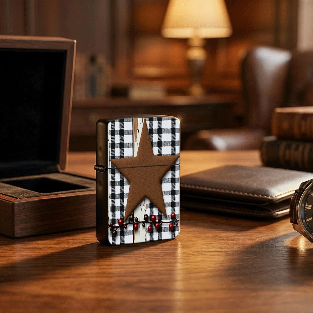 Flip Top Lighter Rustic Star Buffalo Plaid Christmas Berries Art Pattern lighters vintage lighters for smokers Collectible Gift