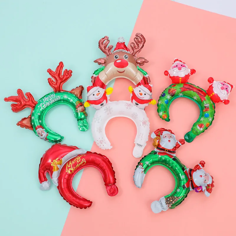 10Pcs Cartoon Santa Claus Reindeer Snowman Inflated Foil Balloon Headband Toys for XMAS Merry Christmas Theme Party Decorations