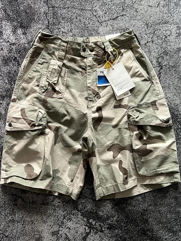 American Retro Amekaji 3D Patch Pocket Washed Workwear Loose Straight Camo Summer Cargo Shorts for Men High Quality 100% Cotton