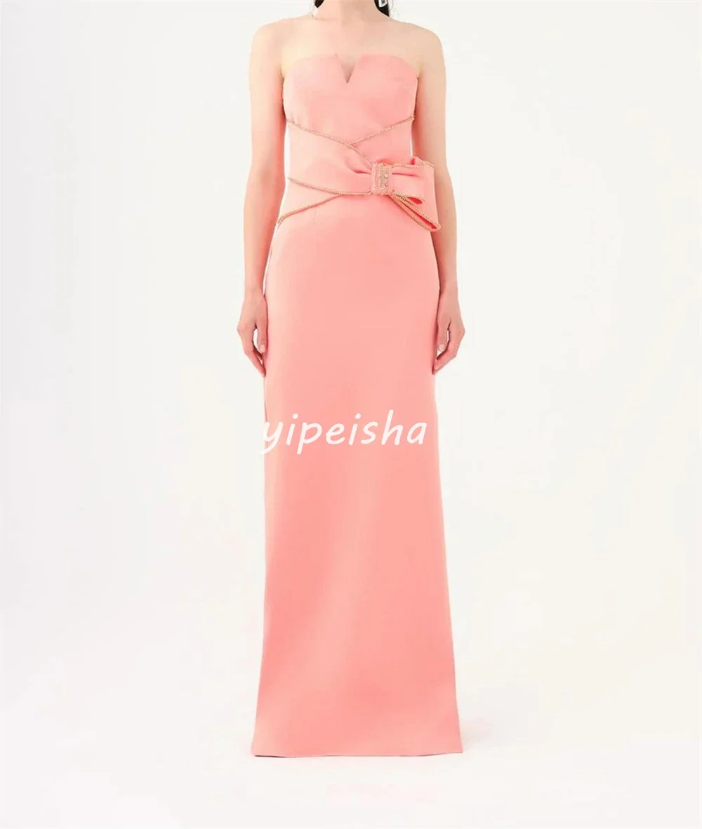 Customized Jersey Bow Beading Evening A-line Strapless Bespoke Occasion Gown Long Dresses