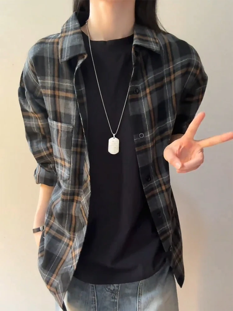 

Мужская одежда в стиле ретро в американском клетку Long Sve irt, осенняя ленивая свободная внутренняя одежда, многослойная куртка для пар, молодежный тренд