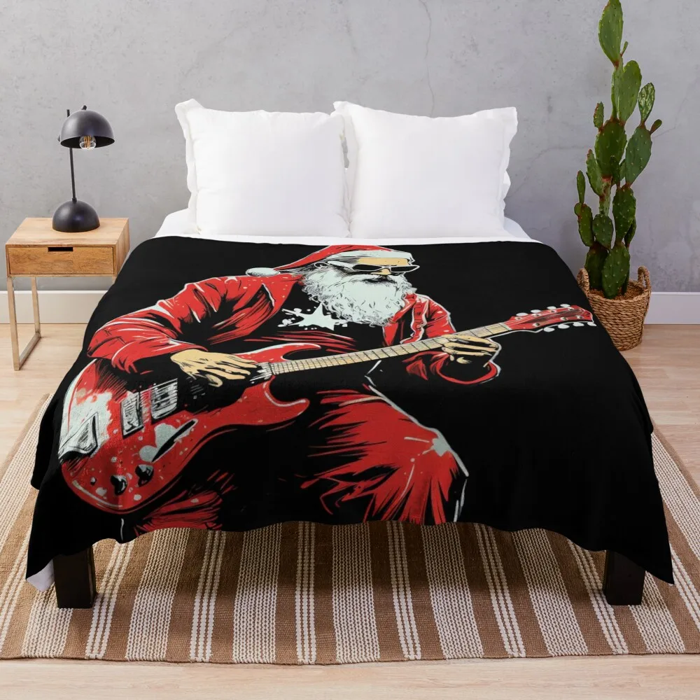 

Red electric Guitar with cool Santa Claus and Rock n Roll Throw Blanket Luxury Thicken Tourist Sofa Quilt bed plaid Blankets