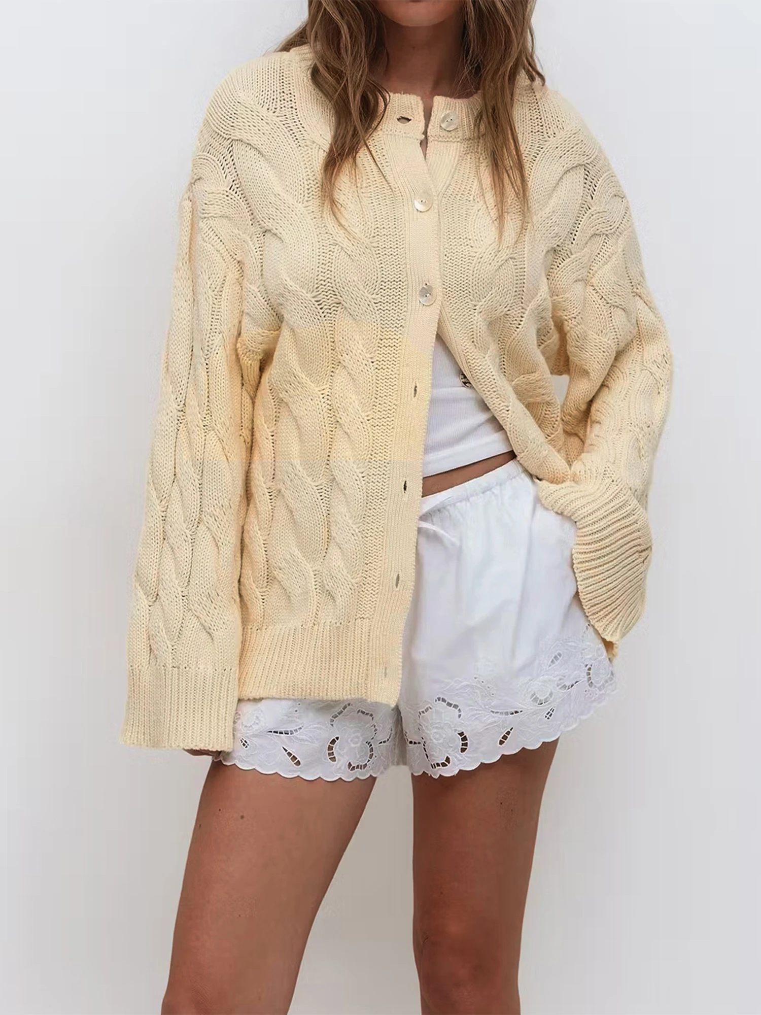 

Ladies Cable Knit Sweater V-Neck Long Sleeve Button Down Solid Color Cardigan Coat for Autumn Winter Casual Wear