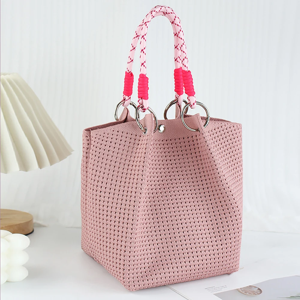 Casual Woven Hand Bag Knit Bucket Bag For Women Eye-Catching Rope Handle Portable Commute Shopping Travel Bag For Daily Use Work