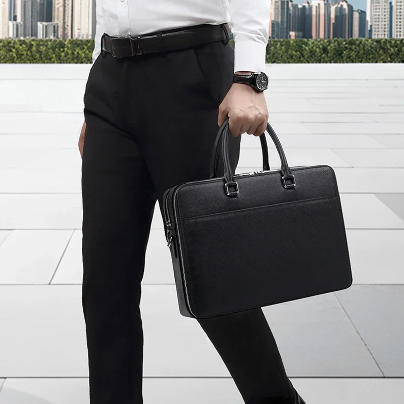 Luxury Split Leather Briefcase for Man Cowhide Vintage Executive Laptop Document Handbag Tote Shoulder Business Portable Bag