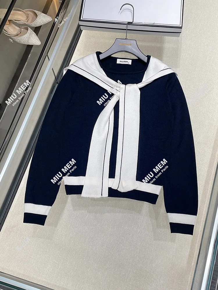 

Высококачественный женский вязаный свитер с темно-синим воротником и поясом, осень-зима, колледж, длинный свек, стандартный крой, премиум-класса