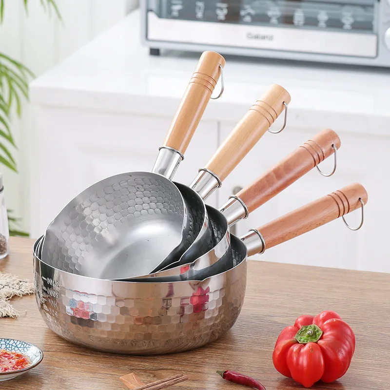 Japanese Non-Stick Frying Pan Saucepan with Wooden Handle Flat Bottom Ramen Noodle Cooking Sauce Milk Pots Home Kitchen Cookware