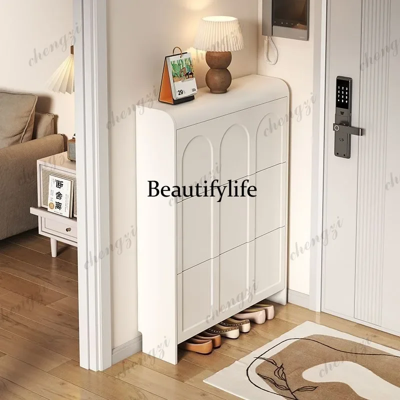 K153  cream wind ultra-thin tipping bucket shoe cabinet household entrance cabinet integrated simple storage shoe rack