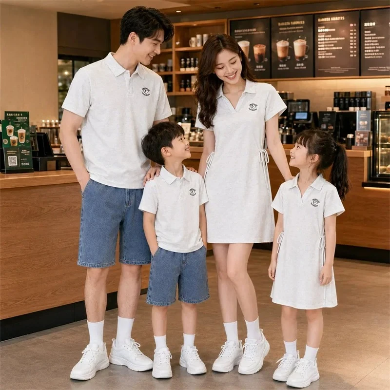 Family Matching Outfit Father Son Polo Shirt Mother Daughter Grey Tie Dye Dress Couple Daily Casual Parent Child Summer Clothing