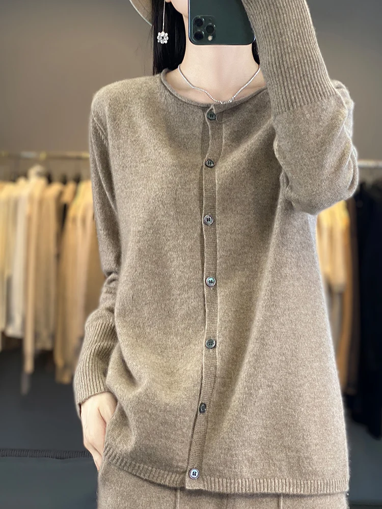 New Chic Spring Women O-neck Grace Cardigan Sweater 100% Merino Wool Solid Cashmere Knitted Female Clothing Korean Style Tops