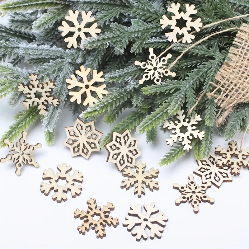 50pcs 25mm Wooden Christmas Snowflake Cutouts Slices Ornaments For Scrapbooking Embellishments DIY Xmas Winter Crafts