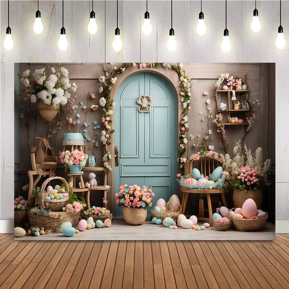 เค้กอีสเตอร์ฤดูใบไม้ผลิสำหรับพื้นหลังสำหรับถ่ายรูปรูปกระต่ายดอกไม้สำหรับเด็กแรกเกิด1st ตกแต่งงานปาร์ตี้วันเกิดฉากหลังไข่หลากสี