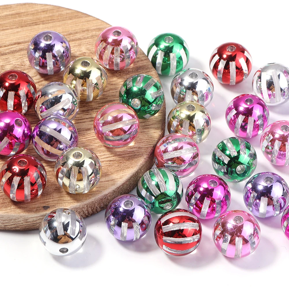 10 Stück 16 mm Weihnachts-Acrylperlen, rot, grün, Wassermelone, Streifen, runde lose Perlen für Schmuckherstellung, DIY-Armbänder, Halskette