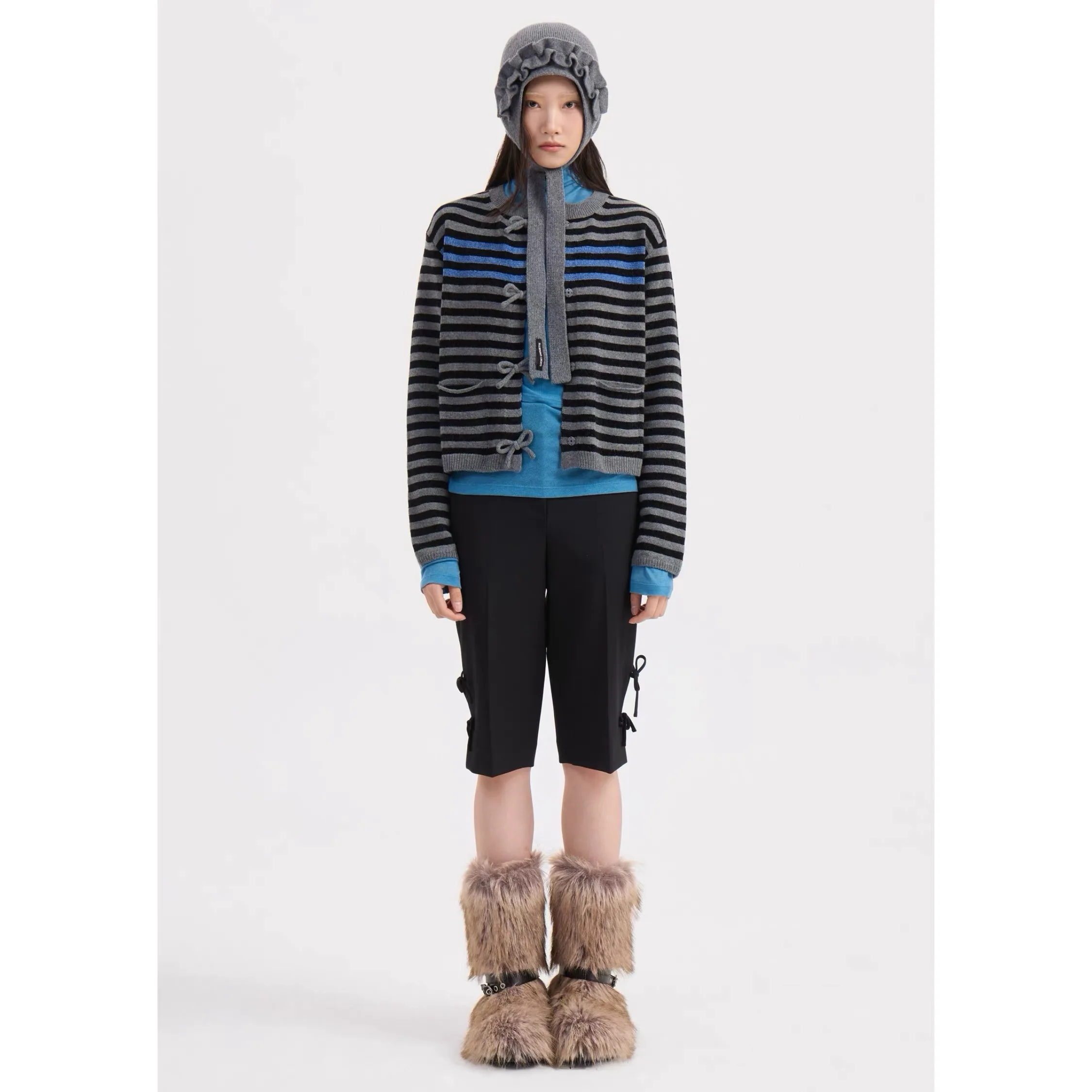 سترة ليمون تشيز LUC25 شتوية كلاسيكية مستديرة Ne مخططة بعقدة ملونة بلو محبوكة مفتوحة سترة نسائية للتنقل... #1