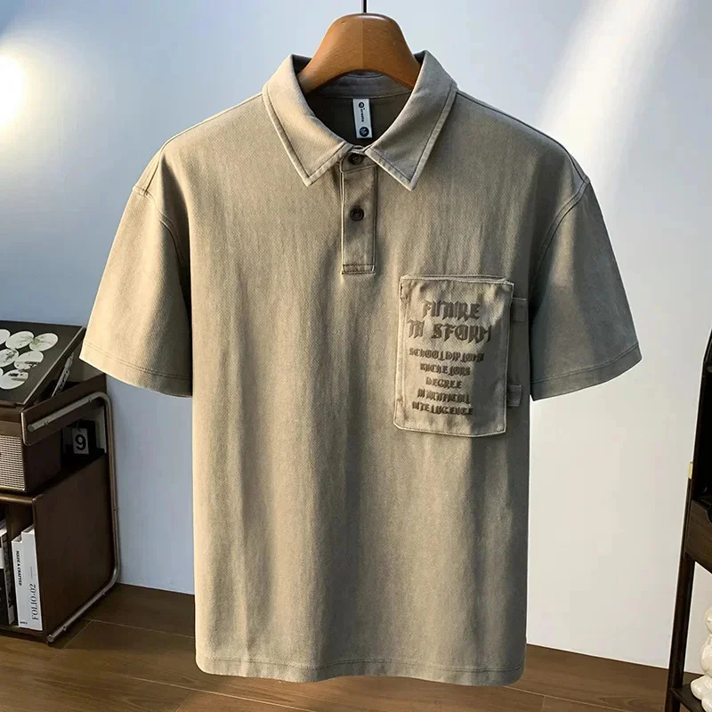

Футболка с воротником, мужская весенне-летняя свободная уличная рабочая одежда, рубашка-поло с принтом, американский модный брендовый повседневный топ с короткими рукавами