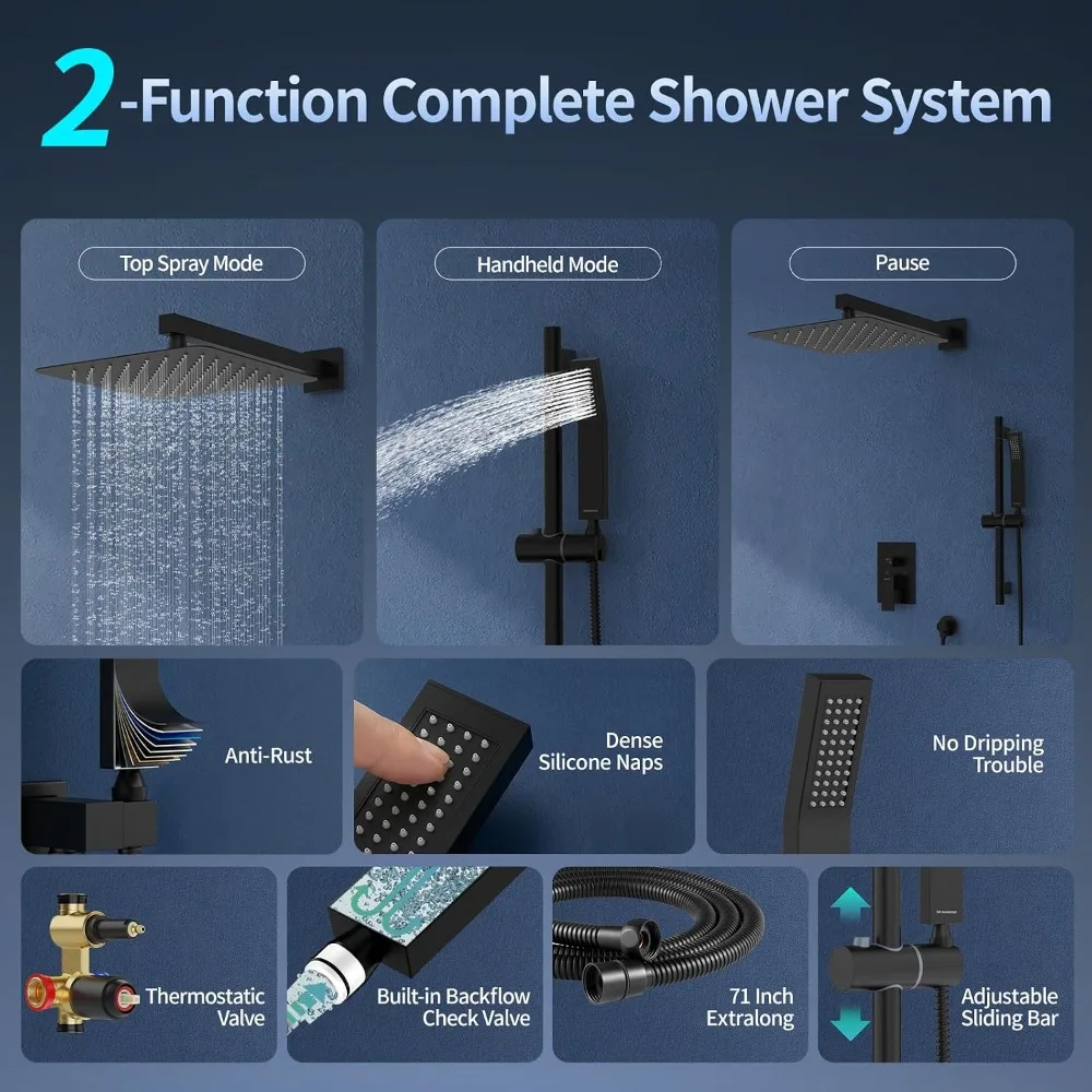 12 Inch Slide Bar Shower Faucet High Pressure Rain Shower Head & Handheld Combo Set Wall Mounted Shower System with Valve Trim, Matte Black view 4
