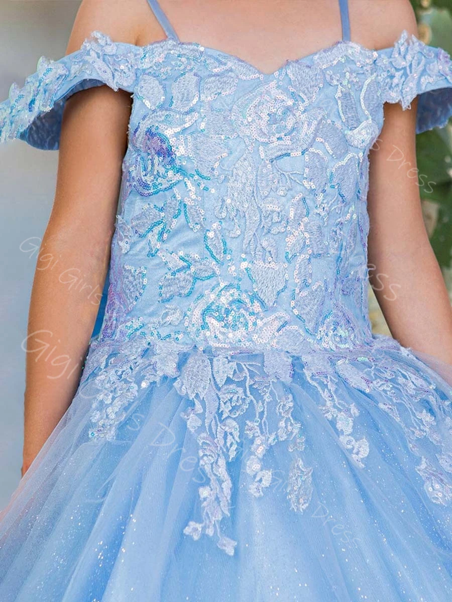 Abito da principessa per ragazze personalizzato con spalle scoperte e strascico, abito da ragazza di fiori con applicazioni di paillettes, abito da ballo da comunione