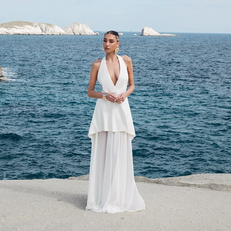 

Eightree Boho Beach A-Line Wedding Dresses Halter Neck Backless Chiffon Evening Bridal Dress Women Wedding Prom Gowns Customized